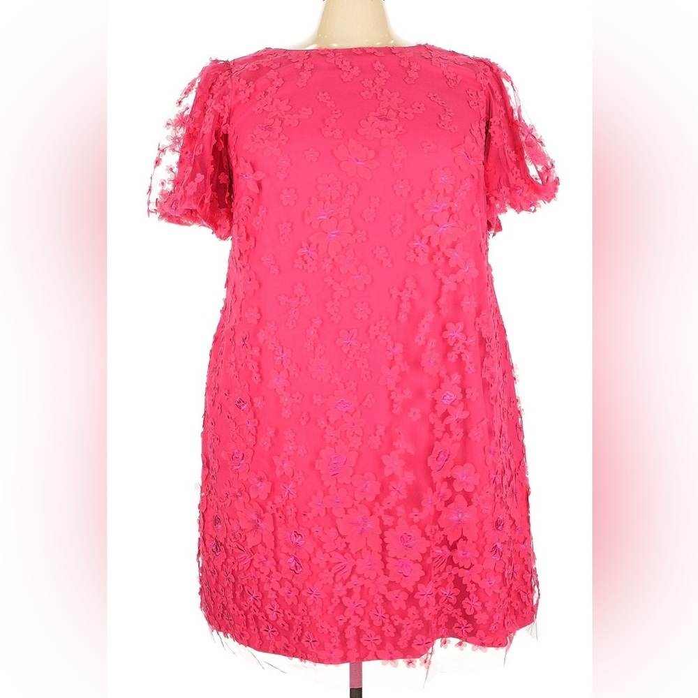 3D Floral Boat Neck Short Puff Sleeve Mini Dress